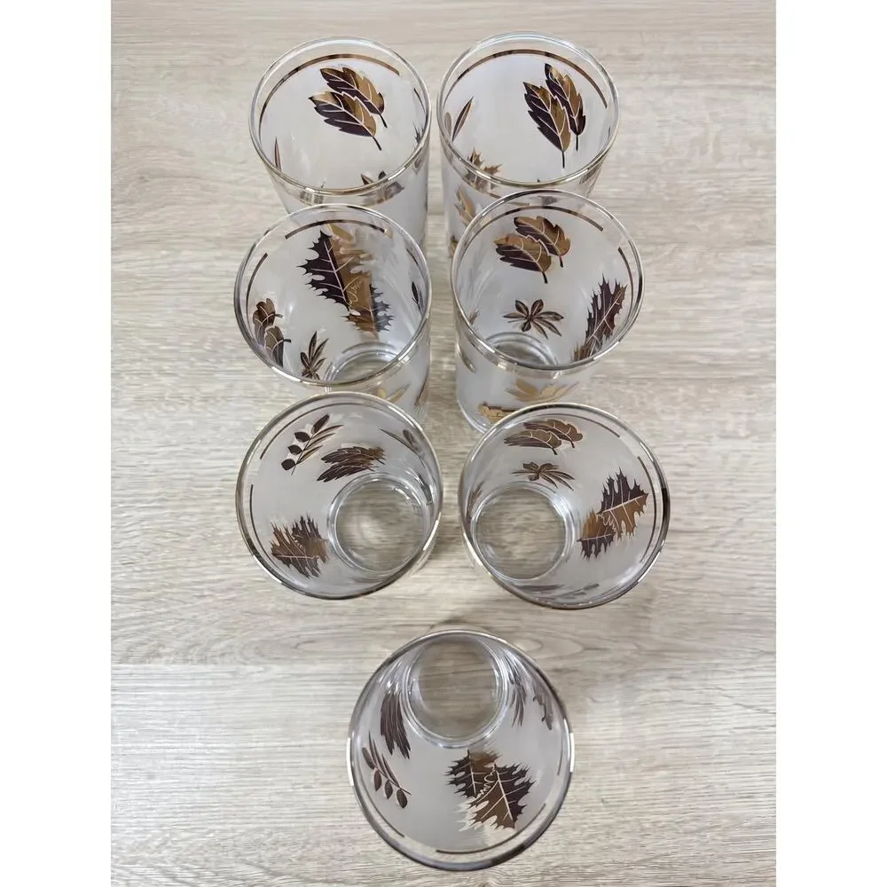 Vintage Libbey Golden Foliage Glasses Set of 7, Gold Leaf Highball Tumblers